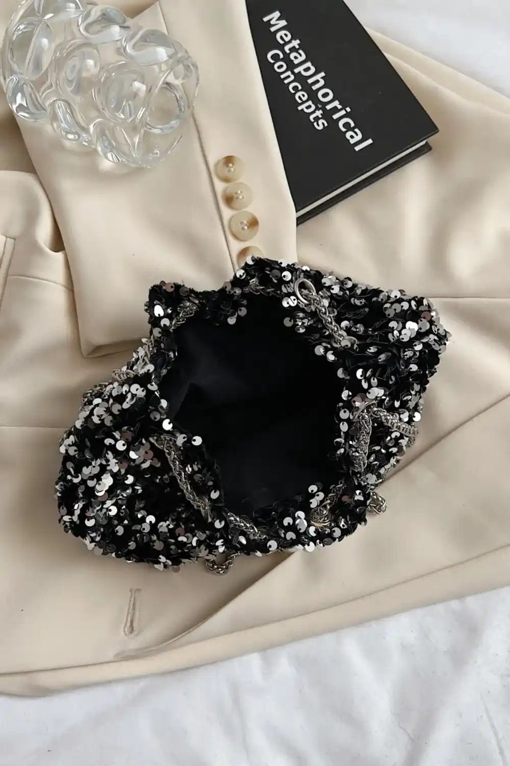 Sequin Chain Drawstring Bucket Bag - MODALIFE