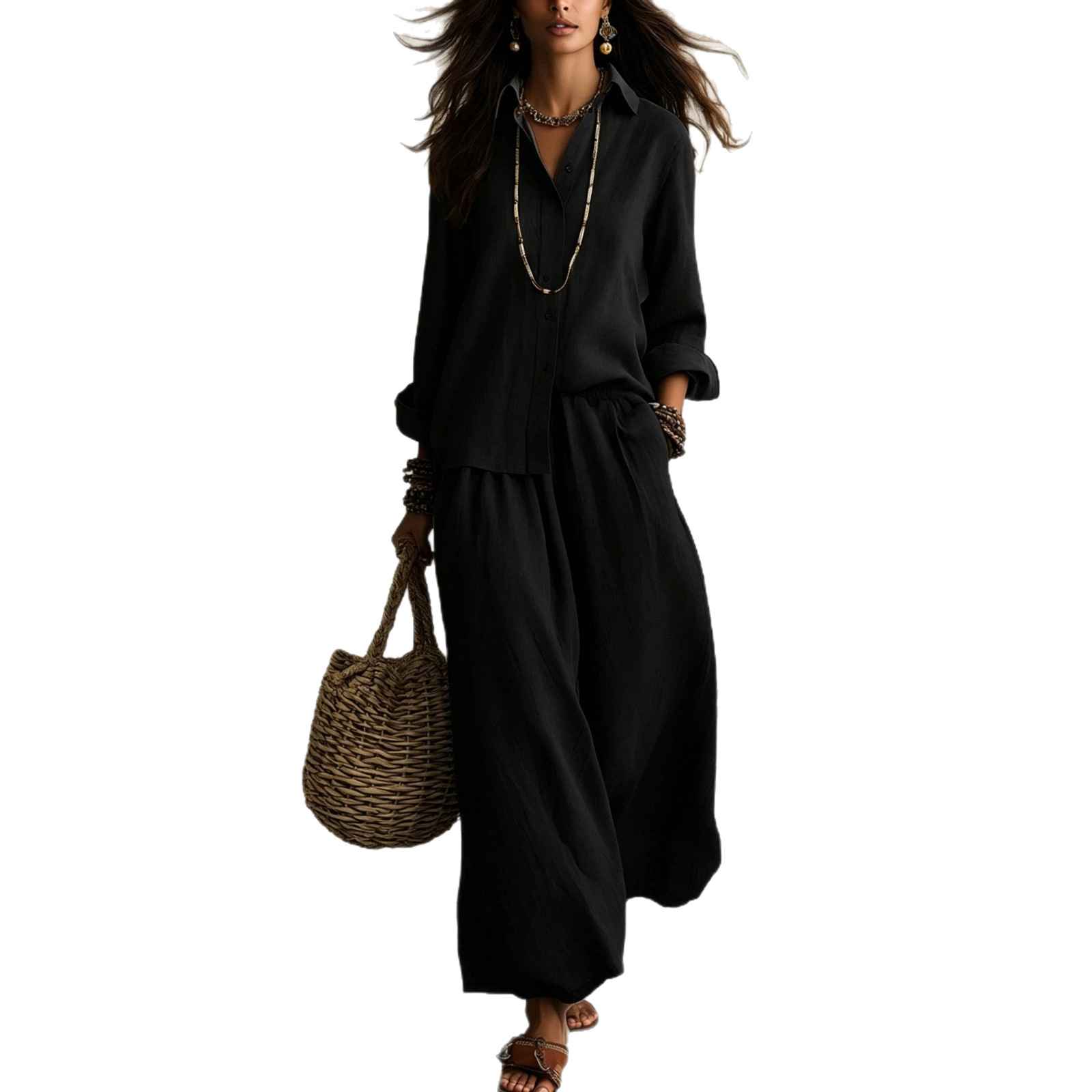 Summer High-End Shirt Collar Outfit Loose Cotton Linen Women's Set - MODALIFE