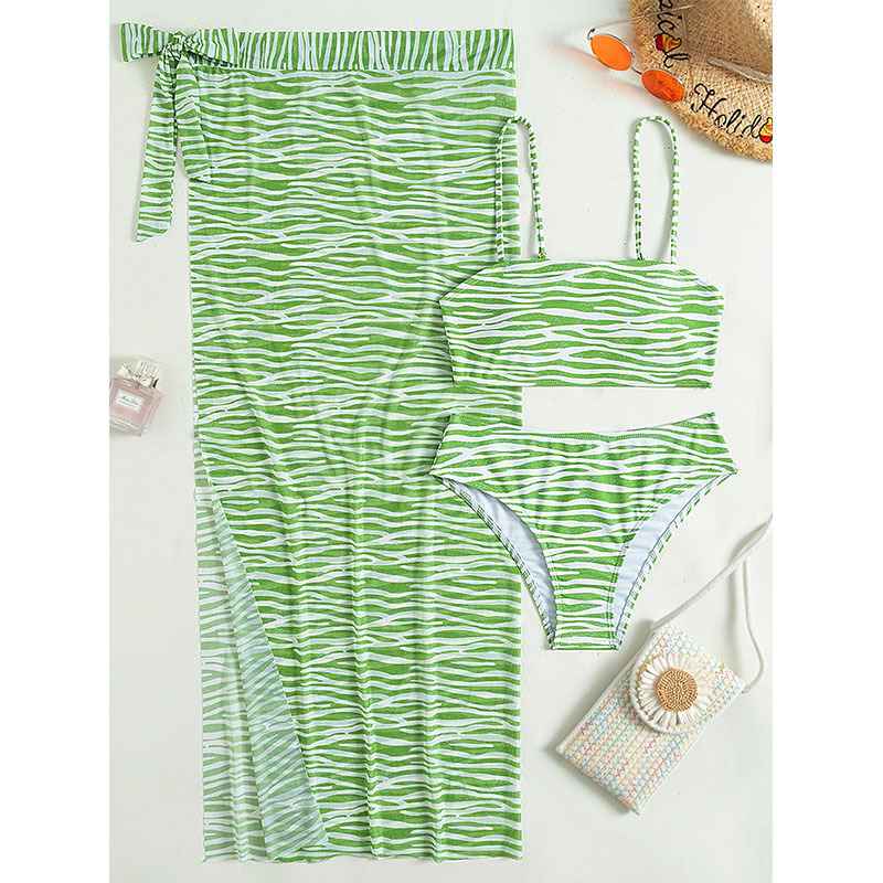 Sexy Striped Bikini Three-Piece Swimwear Set with Beach Dress - MODALIFE