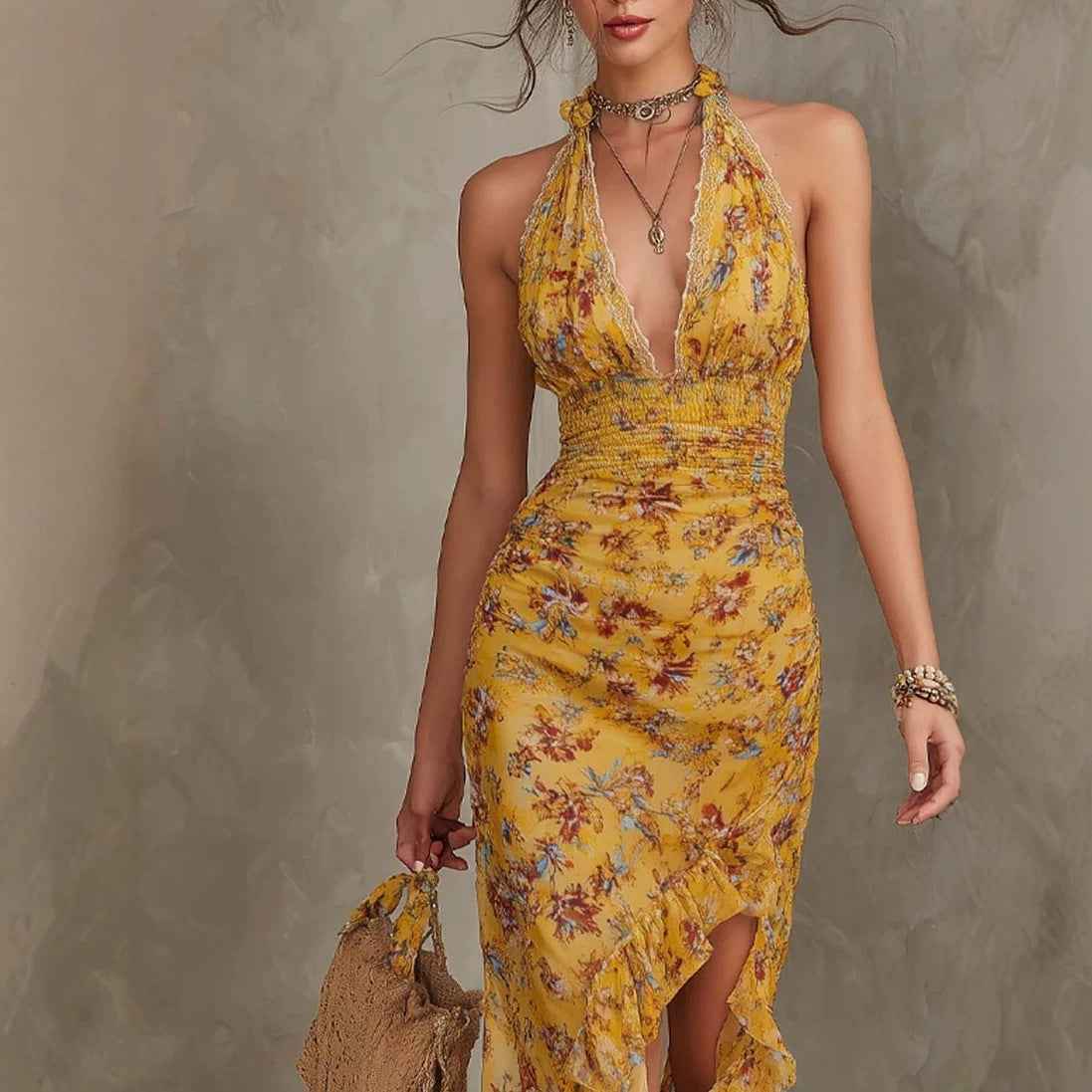 French Vintage Yellow Floral Halter Neck Dress Deep V Waist-Cinching Split Ruffle Slimming Elegant Dress - MODALIFE