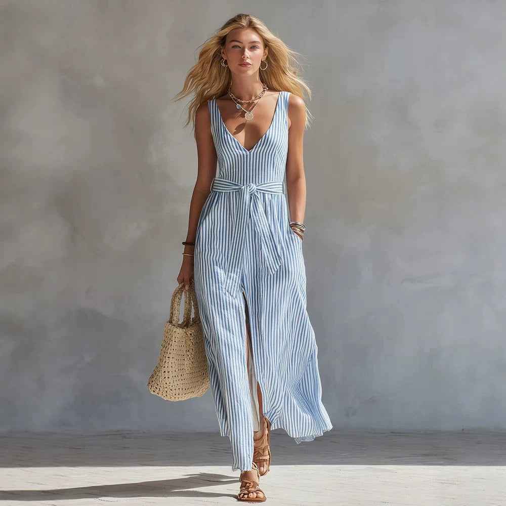 Fresh Blue and White Striped Sleeveless Long Dress with V-Neck, Waist-Tie, Side Split, Beach Dress