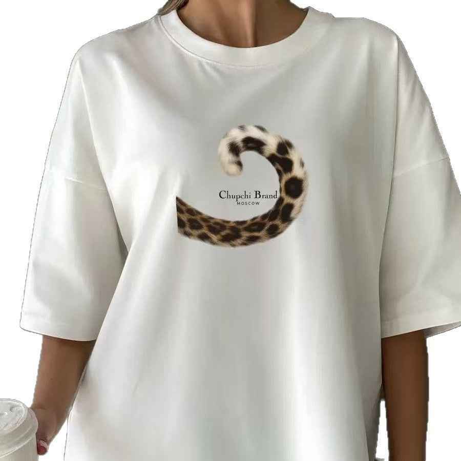 Leopard print tail printed short sleeved T-shirt for women