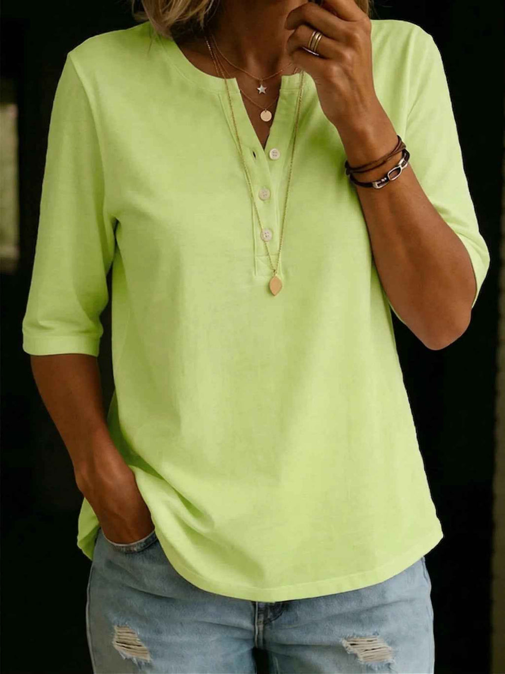 Classic Henley Neck Style Spring Summer New Women's Solid Color Button-Up Top - MODALIFE