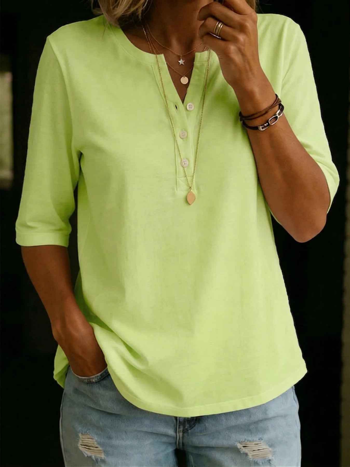 Classic Henley Neck Style Spring Summer New Women's Solid Color Button-Up Top - MODALIFE
