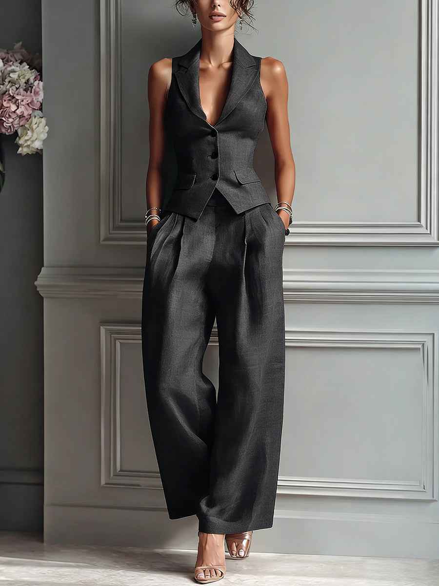Flip collar single breasted vest long pants two-piece set - MODALIFE