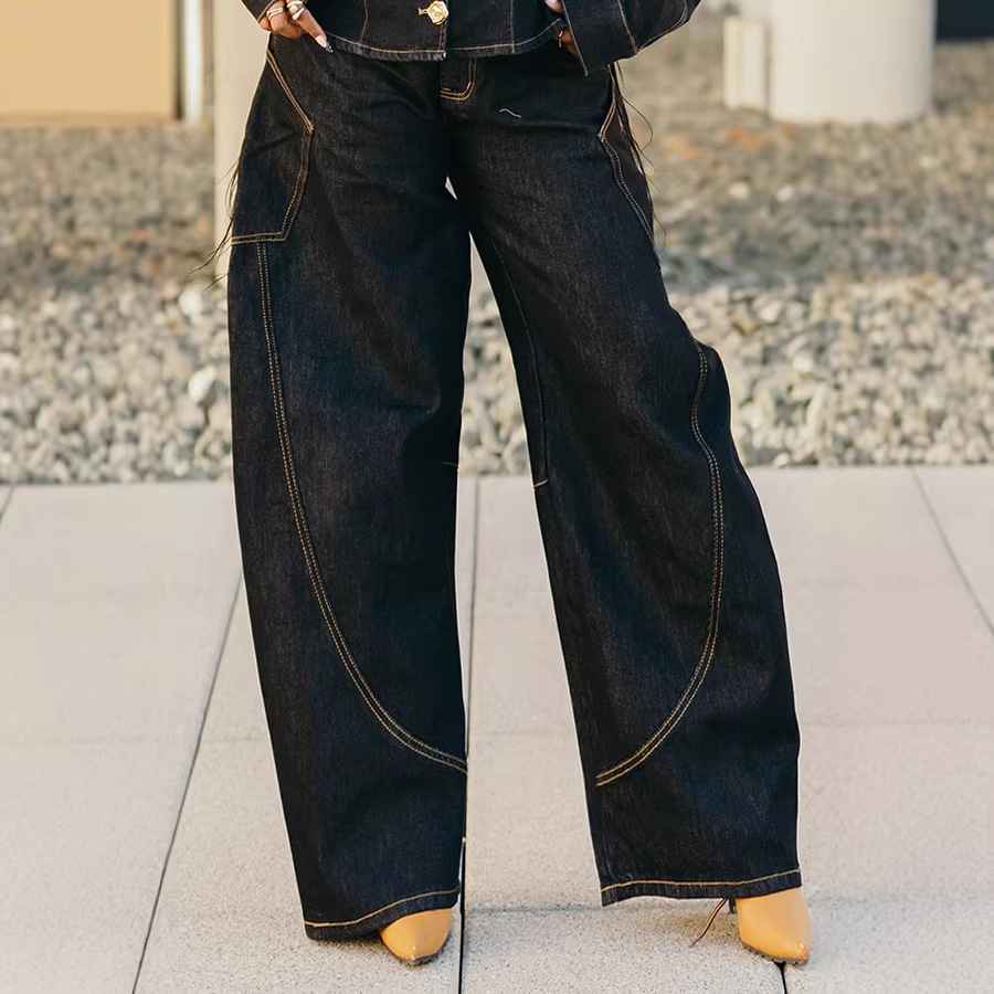 Stylish Stitched Curved Hem Denim Pants - MODALIFE