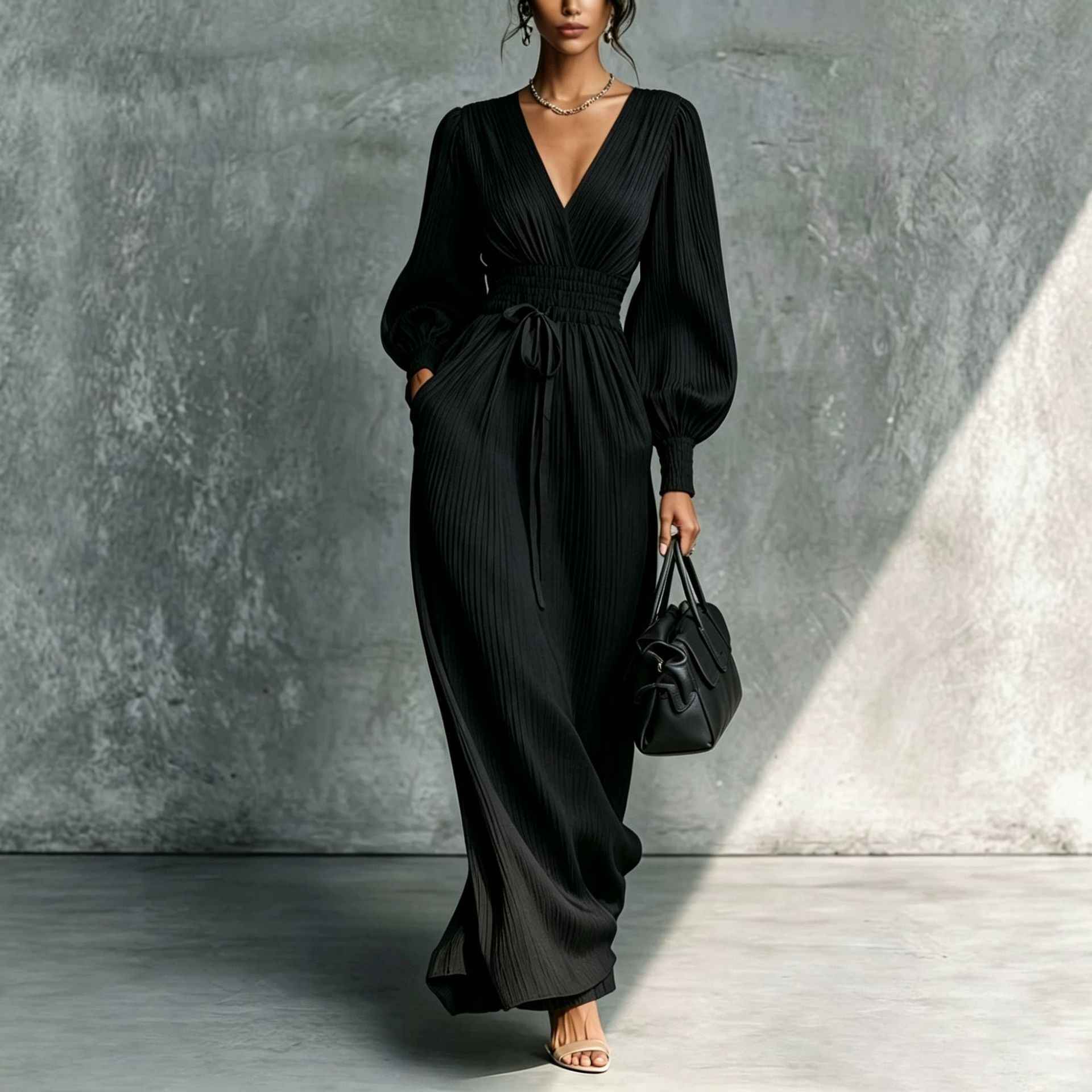 Solid color casual waist cinched long sleeved dress - MODALIFE