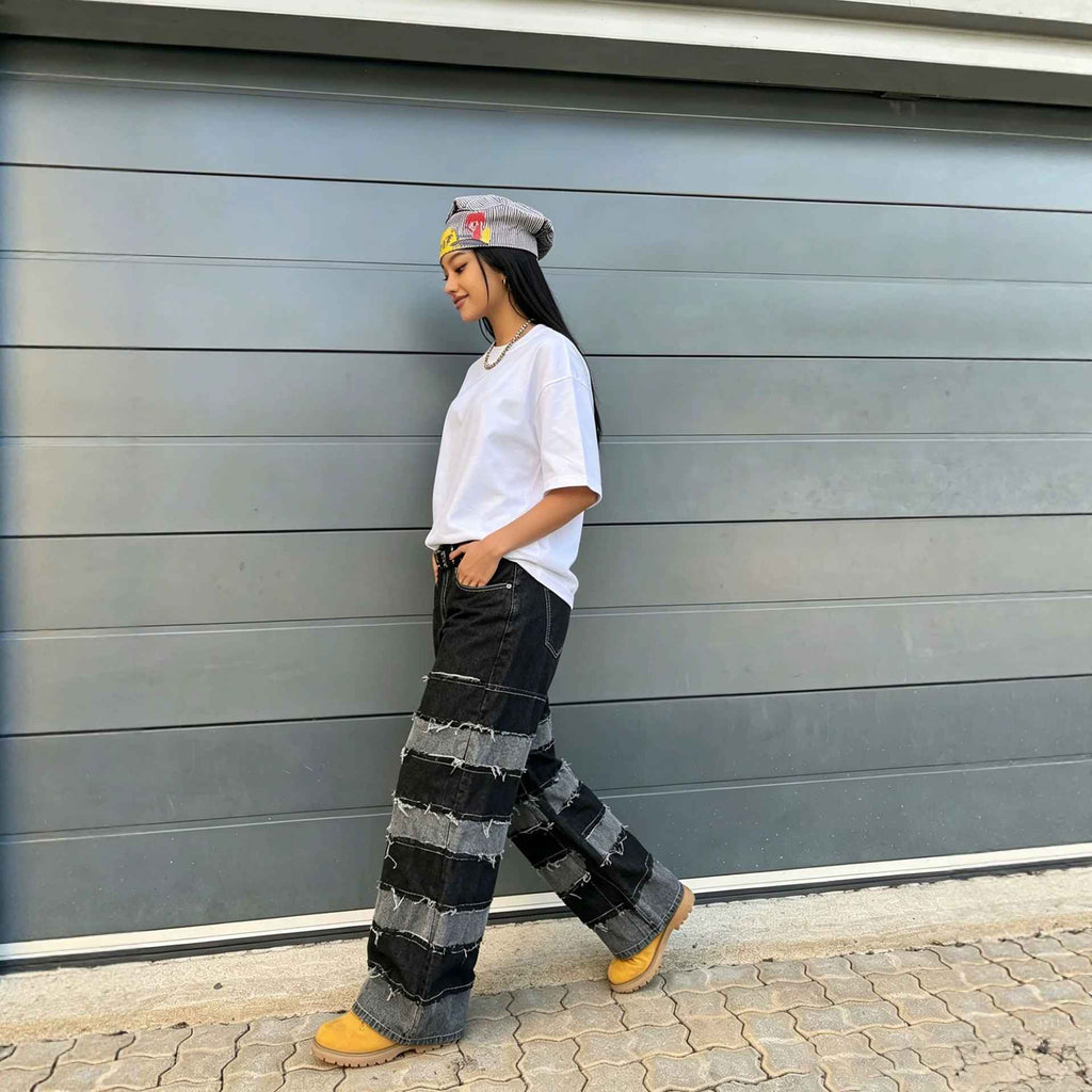 Street Deconstructed Black and Gray Patchwork Raw Hem Denim Pants - MODALIFE