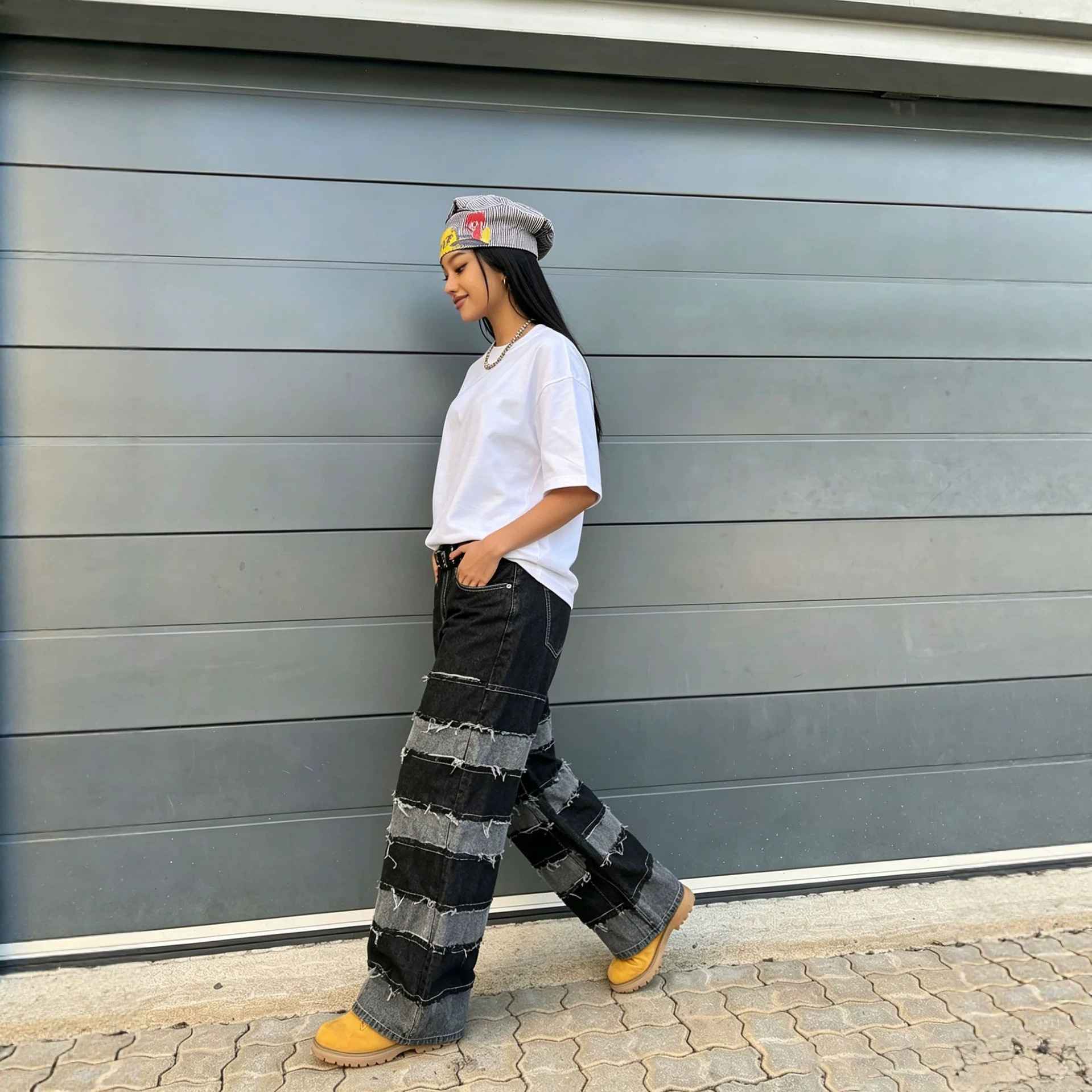 Street Deconstructed Black and Gray Patchwork Raw Hem Denim Pants - MODALIFE