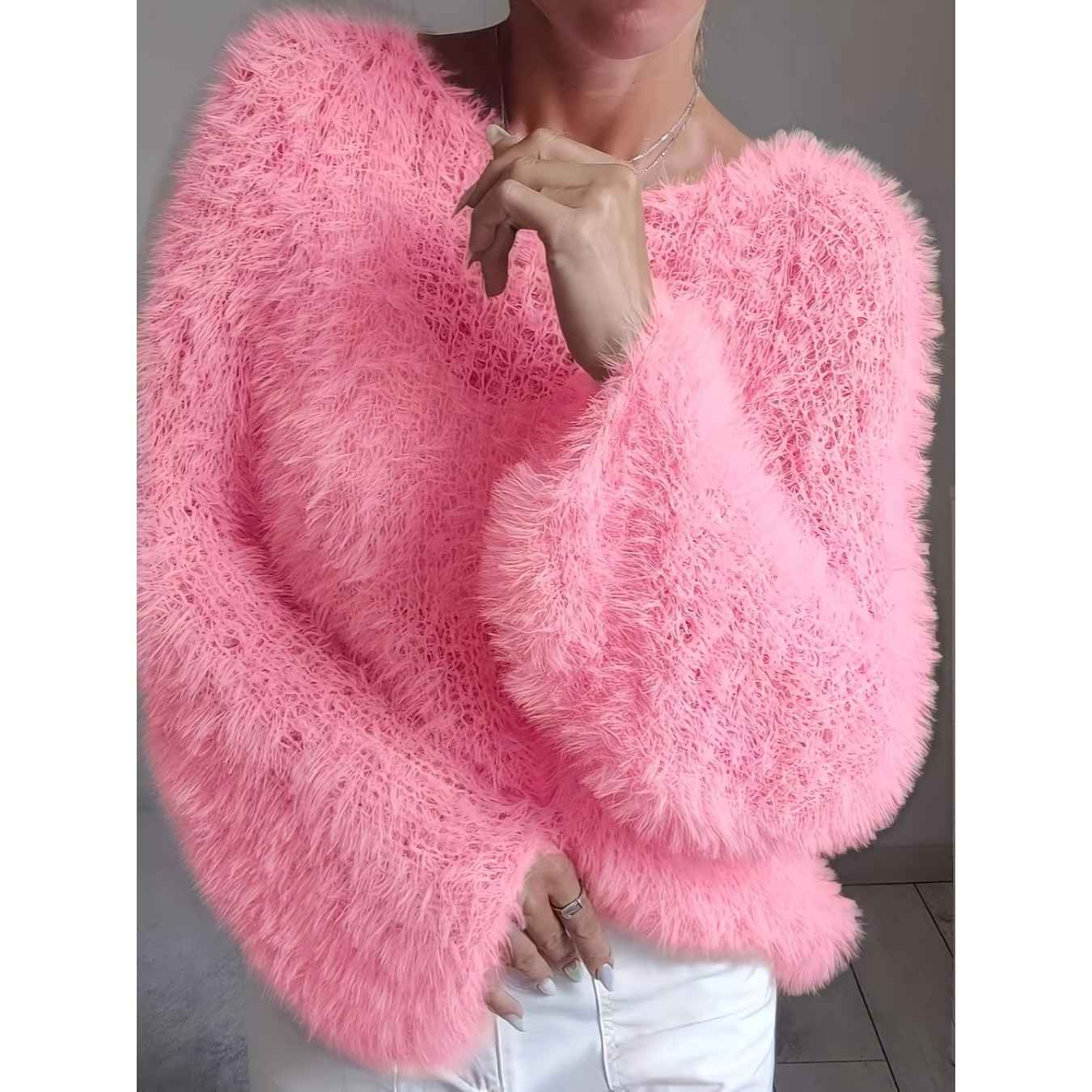 Women's macaron round neck fluffy solid color long sleeved fur top - MODALIFE