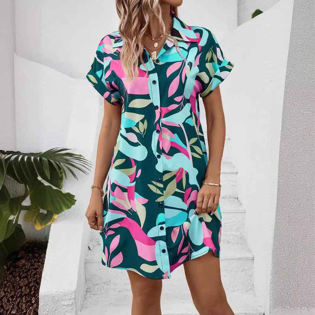 Summer New Fashion Colorful Floral Printed Open Front Short Sleeve Shirt Dress - MODALIFE