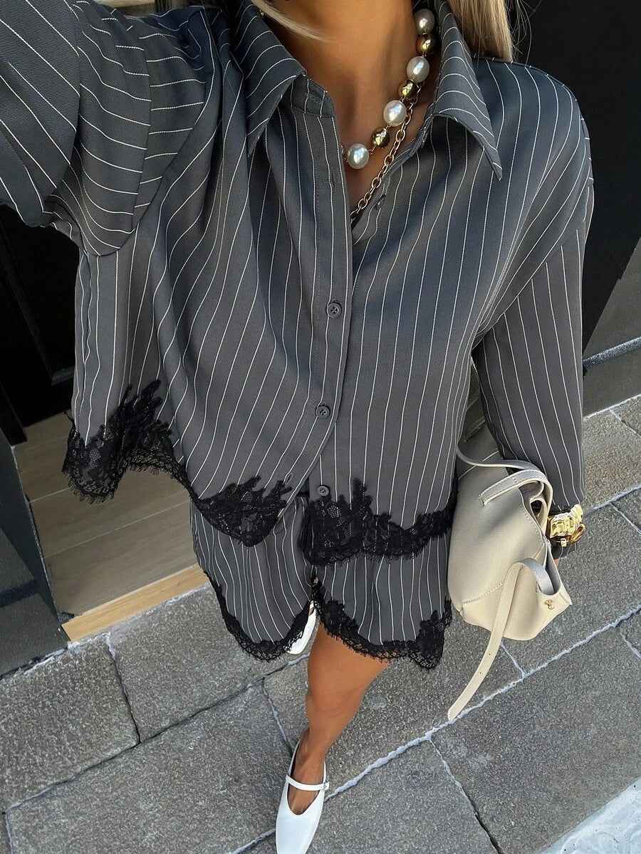 Women's striped shirt drawstring shorts set - MODALIFE