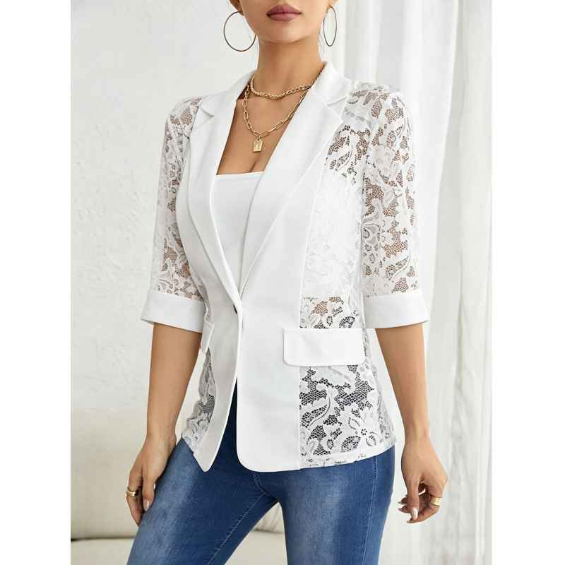 Solid color lace patchwork small suit jacket for women's top - MODALIFE